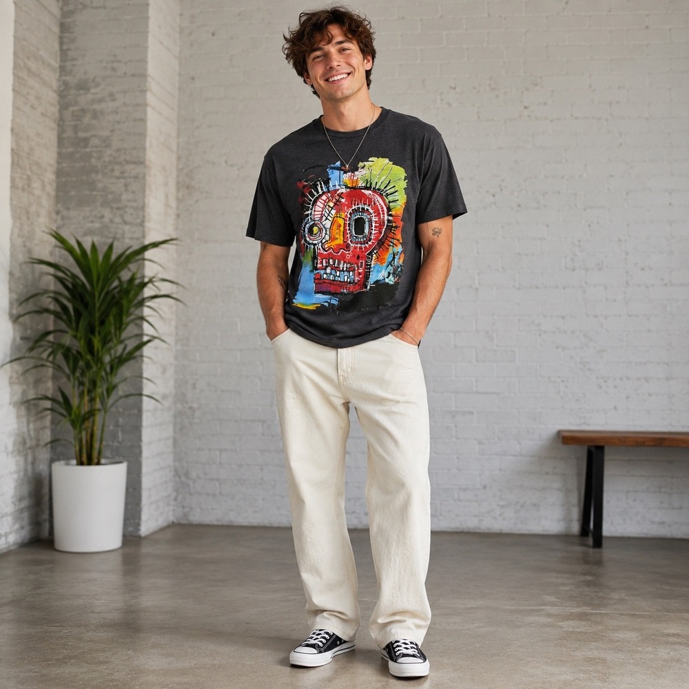 Basquiat Inspired Skull Graphic T Shirt Charcoal Gray Artsy‎ Punk Grunge Tee